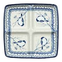 A picture of a Polish Pottery Divided Square Dish (Bullfinch on Blue) | AB40-U4830 as shown at PolishPotteryOutlet.com/products/divided-square-dish-bullfinch-on-blue-ab40-u4830