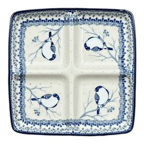 Polish Pottery Divided Square Dish (Bullfinch on Blue) | AB40-U4830 Additional Image at PolishPotteryOutlet.com