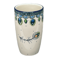 A picture of a Polish Pottery CA 14 oz. Tumbler (Peacock Plume) | AC53-2218X as shown at PolishPotteryOutlet.com/products/14-oz-tumbler-peacock-plume-ac53-2218x