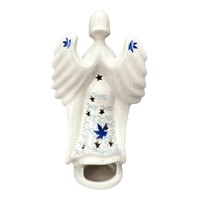 A picture of a Polish Pottery 9" Tall Angel Luminary  (Blue Sweetgum) | AC68-2545X as shown at PolishPotteryOutlet.com/products/9-tall-angel-luminary-blue-sweetgum-ac68-2545x