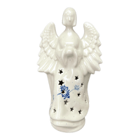 A picture of a Polish Pottery CA 9" Tall Angel Luminary  (In the Wind) | AC68-2788X as shown at PolishPotteryOutlet.com/products/9-tall-angel-luminary-in-the-wind-ac68-2788x