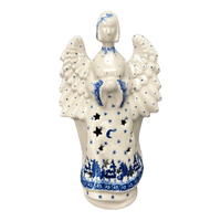 A picture of a Polish Pottery CA 9" Tall Angel Luminary  (Winter Skies) | AC68-2826X as shown at PolishPotteryOutlet.com/products/9-tall-angel-luminary-winter-skies-ac68-2826x