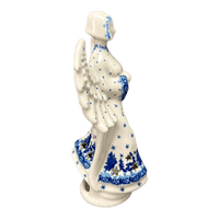 A picture of a Polish Pottery 9" Tall Angel Luminary  (Winter Skies) | AC68-2826X as shown at PolishPotteryOutlet.com/products/9-tall-angel-luminary-winter-skies-ac68-2826x