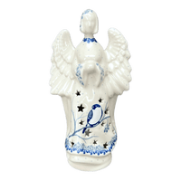 A picture of a Polish Pottery CA 9" Tall Angel Luminary  (Bullfinch on Blue) | AC68-U4830 as shown at PolishPotteryOutlet.com/products/9-tall-angel-luminary-bullfinch-on-blue-ac68-u4830