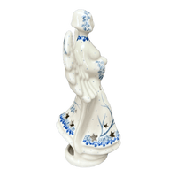 A picture of a Polish Pottery CA 9" Tall Angel Luminary  (Bullfinch on Blue) | AC68-U4830 as shown at PolishPotteryOutlet.com/products/9-tall-angel-luminary-bullfinch-on-blue-ac68-u4830