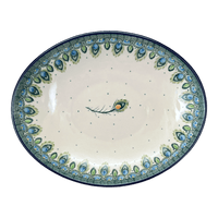 A picture of a Polish Pottery CA 10.25" Oval Dish (Peacock Plume) | AC93-2218X as shown at PolishPotteryOutlet.com/products/10-25-oval-dish-peacock-plume-ac93-2218x