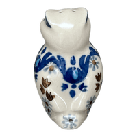 A picture of a Polish Pottery Shaker, Owl, 2.25" in "Blue Ribbon" by Ceramika Artystyczna | AD91-1026X as shown at PolishPotteryOutlet.com/products/2-25-individual-owl-shaker-blue-ribbon-ad91-1026x