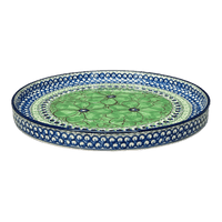A picture of a Polish Pottery CA 10" Round Tray (Green Goddess) | AE93-U408A as shown at PolishPotteryOutlet.com/products/10-round-tray-green-goddess-ae93-u408a
