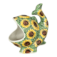 A picture of a Polish Pottery Scrubby Holder, Fish Shaped, 6.75" in "Sunflower Field" by Ceramika Artystyczna | AF28-U4737 as shown at PolishPotteryOutlet.com/products/fish-shaped-scrubby-holder-sunflower-field-af28-u4737