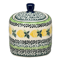A picture of a Polish Pottery 4" Sugar Bowl (Lemons and Leaves) | AF38-2749X as shown at PolishPotteryOutlet.com/products/4-sugar-bowl-lemons-and-leaves-af38-2749x