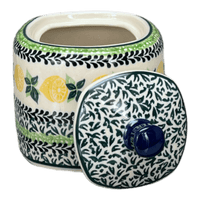 A picture of a Polish Pottery CA 4" Sugar Bowl (Lemons and Leaves) | AF38-2749X as shown at PolishPotteryOutlet.com/products/4-sugar-bowl-lemons-and-leaves-af38-2749x