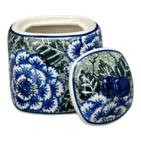 A picture of a Polish Pottery 4" Sugar Bowl (Blue Dahlia) | AF38-U1473 as shown at PolishPotteryOutlet.com/products/4-sugar-bowl-blue-dahlia-af38-u1473