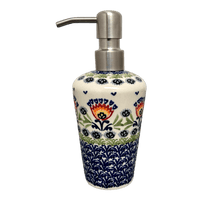 A picture of a Polish Pottery 7" Soap Dispenser (Floral Fans) | B009S-P314 as shown at PolishPotteryOutlet.com/products/7-liquid-soap-dispenser-floral-fans-b009s-p314
