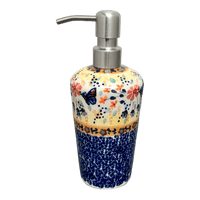 A picture of a Polish Pottery 7" Soap Dispenser (Butterfly Bliss) | B009S-WK73 as shown at PolishPotteryOutlet.com/products/liquid-soap-dispenser-butterfly-bliss-b009s-wk73