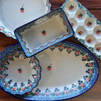 A picture of a Polish Pottery Baker, Bread, 8" x 5" in "Strawberry Patch" by Ceramika Artystyczna | A603-721X as shown at PolishPotteryOutlet.com/products/8-x-5-bread-baker-strawberry-patch-a603-721x