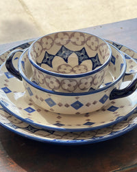 A picture of a Polish Pottery Small Round Casserole W/Handles (Dot to Dot) | Z153T-70A as shown at PolishPotteryOutlet.com/products/small-round-casserole-w-handles-dot-to-dot-z153t-70a
