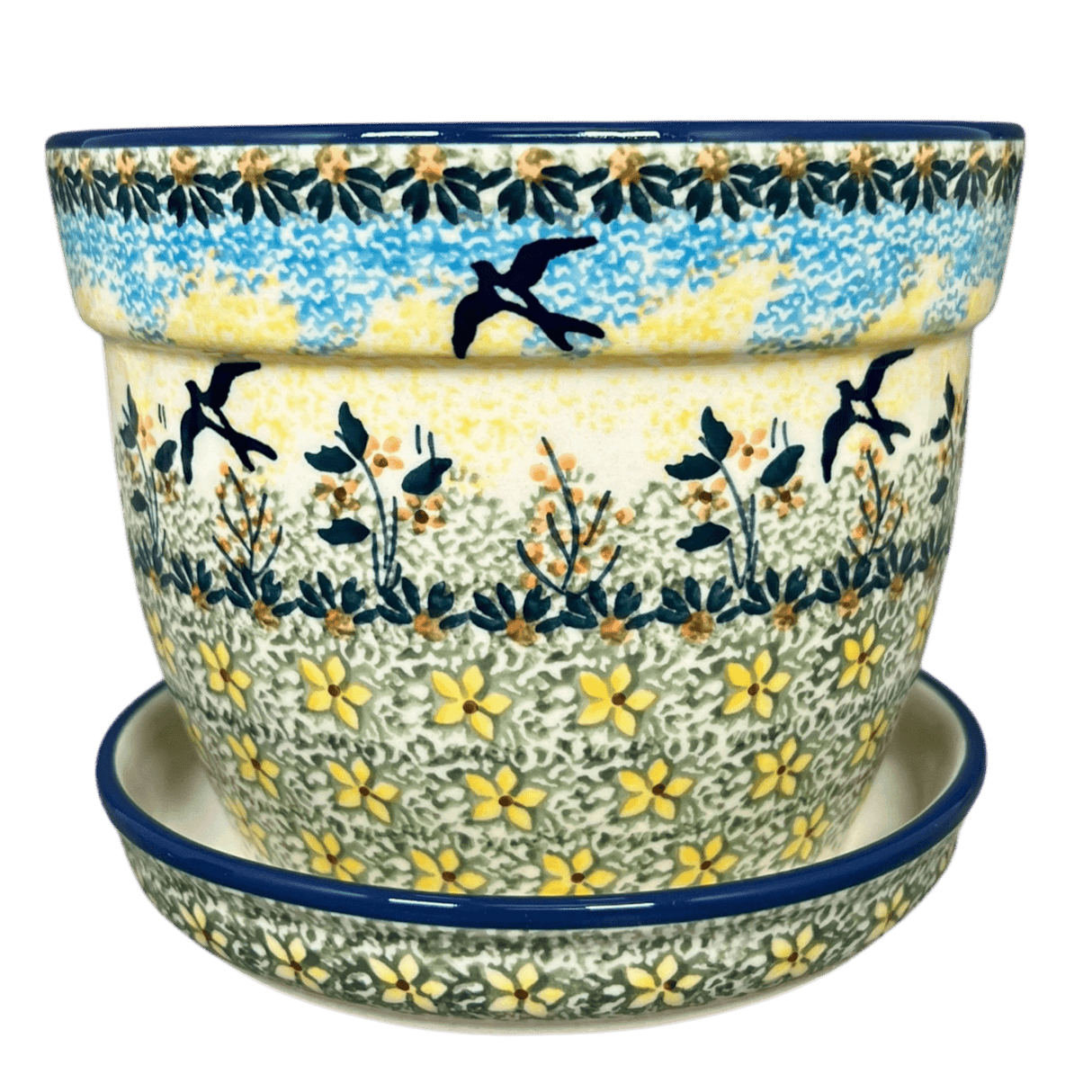 Flower Pot, with Saucer, 6" in "Soaring Swallows" by Manufaktura | D036S-WK57