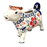 A picture of a Polish Pottery Cow Creamer (Full Bloom) | D081S-EO34 as shown at PolishPotteryOutlet.com/products/cow-creamer-full-bloom-d081s-eo34