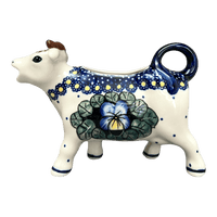 A picture of a Polish Pottery Cow Creamer (Pansies) | D081S-JZB as shown at PolishPotteryOutlet.com/products/cow-creamer-pansies-d081s-jzb