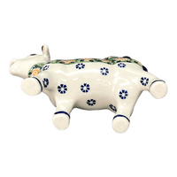 A picture of a Polish Pottery Cow Creamer (Perennial Garden) | D081S-LM as shown at PolishPotteryOutlet.com/products/cow-creamer-perennial-garden-d081s-lm