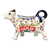 A picture of a Polish Pottery Cow Creamer (Poppy Persuasion) | D081S-P265 as shown at PolishPotteryOutlet.com/products/cow-creamer-poppy-persuasion-d081s-p265