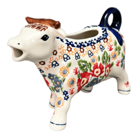 A picture of a Polish Pottery Cow Creamer (Poppy Persuasion) | D081S-P265 as shown at PolishPotteryOutlet.com/products/cow-creamer-poppy-persuasion-d081s-p265