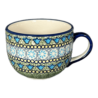 A picture of a Polish Pottery Latte Cup (Blue Bells) | F044S-KLDN as shown at PolishPotteryOutlet.com/products/large-latte-soup-cups-blue-bells-f044s-kldn