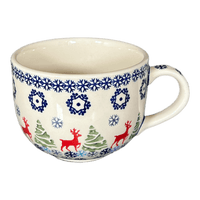 A picture of a Polish Pottery Latte Cup (Reindeer Games) | F044T-BL07 as shown at PolishPotteryOutlet.com/products/large-latte-soup-cups-reindeer-games-f044t-bl07
