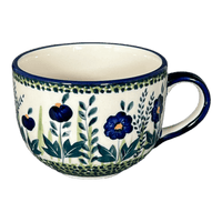 A picture of a Polish Pottery Latte Cup (Bouncing Blue Blossoms) | F044U-IM03 as shown at PolishPotteryOutlet.com/products/large-latte-soup-cups-bouncing-blue-blossoms-f044u-im03