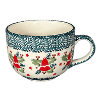 A picture of a Polish Pottery Latte Cup (Evergreen Bells) | F044U-PZDG as shown at PolishPotteryOutlet.com/products/large-latte-soup-cups-evergreen-bells-f044u-pzdg