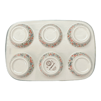 A picture of a Polish Pottery Muffin Pan (Peach Blossoms) | F093S-AS46 as shown at PolishPotteryOutlet.com/products/muffin-pan-peach-blossoms-f093s-as46