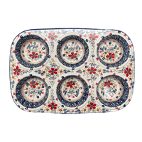 A picture of a Polish Pottery Muffin Pan (Ruby Bouquet) | F093S-DPCS as shown at PolishPotteryOutlet.com/products/12-5-x-8-5-muffin-pan-ruby-bouquet-f093s-dpcs