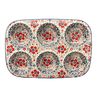 A picture of a Polish Pottery Muffin Pan (Full Bloom) | F093S-EO34 as shown at PolishPotteryOutlet.com/products/muffin-pan-full-bloom-f093s-eo34