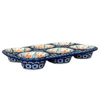 A picture of a Polish Pottery Muffin Pan (Sun-Kissed Garden) | F093S-GM15 as shown at PolishPotteryOutlet.com/products/12-5-x-8-5-muffin-pan-sun-kissed-garden-f093s-gm15