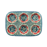 A picture of a Polish Pottery Muffin Pan (Poppies in Bloom) | F093S-JZ34 as shown at PolishPotteryOutlet.com/products/12-5-x-8-5-muffin-pan-poppies-in-bloom-f093s-jz34