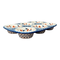 A picture of a Polish Pottery Muffin Pan (Hummingbird Harvest) | F093S-JZ35 as shown at PolishPotteryOutlet.com/products/muffin-pan-hummingbird-harvest-f093s-jz35