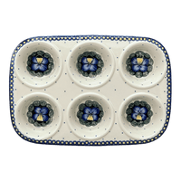 A picture of a Polish Pottery Muffin Pan (Pansies) | F093S-JZB as shown at PolishPotteryOutlet.com/products/12-5-x-8-5-muffin-pan-pansies-f093s-jzb
