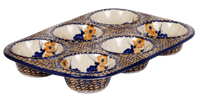 A picture of a Polish Pottery Muffin Pan (Bouquet in a Basket) | F093S-JZK as shown at PolishPotteryOutlet.com/products/muffin-pan-bouquet-in-a-basket-f093s-jzk