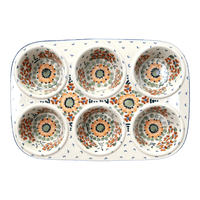 A picture of a Polish Pottery Muffin Pan (Autumn Harvest) | F093S-LB as shown at PolishPotteryOutlet.com/products/muffin-pan-autumn-harvest-f093s-lb
