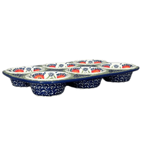 A picture of a Polish Pottery Muffin Pan (Floral Fans) | F093S-P314 as shown at PolishPotteryOutlet.com/products/12-5-x-8-5-muffin-pan-floral-fans-f093s-p314