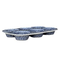 A picture of a Polish Pottery Muffin Pan (Duet in Blue) | F093S-SB01 as shown at PolishPotteryOutlet.com/products/12-5-x-8-5-muffin-pan-duet-in-blue-f093s-sb01