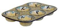 A picture of a Polish Pottery Muffin Pan (Soaring Swallows) | F093S-WK57 as shown at PolishPotteryOutlet.com/products/muffin-pan-soaring-swallows-f093s-wk57