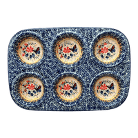 A picture of a Polish Pottery Muffin Pan (Butterfly Bliss) | F093S-WK73 as shown at PolishPotteryOutlet.com/products/muffin-pan-butterfly-bliss-f093s-wk73