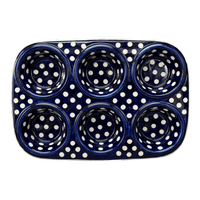 A picture of a Polish Pottery Muffin Pan (Hello Dotty) | F093T-9 as shown at PolishPotteryOutlet.com/products/muffin-pan-hello-dotty-f093t-9