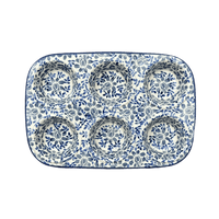 A picture of a Polish Pottery Muffin Pan (English Blue) | F093U-AS53 as shown at PolishPotteryOutlet.com/products/muffin-pan-english-blue-f093u-as53
