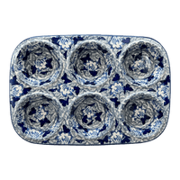 A picture of a Polish Pottery Muffin Pan (Dusty Blue Butterflies) | F093U-AS56 as shown at PolishPotteryOutlet.com/products/muffin-pan-dusty-blue-butterflies-f093u-as56