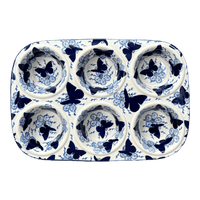 A picture of a Polish Pottery Muffin Pan (Blue Butterfly) | F093U-AS58 as shown at PolishPotteryOutlet.com/products/muffin-pan-blue-butterfly-f093u-as58
