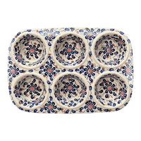 A picture of a Polish Pottery Muffin Pan (Floral Fireworks) | F093U-BSAS as shown at PolishPotteryOutlet.com/products/muffin-pan-floral-fireworks-f093u-bsas