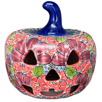 A picture of a Polish Pottery Jack-O-Lantern Luminary (Maroon Daisy) | GAD28D-AF as shown at PolishPotteryOutlet.com/products/jack-o-lantern-luminary-maroon-daisy-gad28d-af