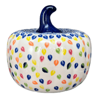 A picture of a Polish Pottery Jack-O-Lantern Luminary (Rainbow Leaves) | GAD28D-PL1 as shown at PolishPotteryOutlet.com/products/8-jack-o-lantern-luminary-rainbow-leaves-gad28d-pl1